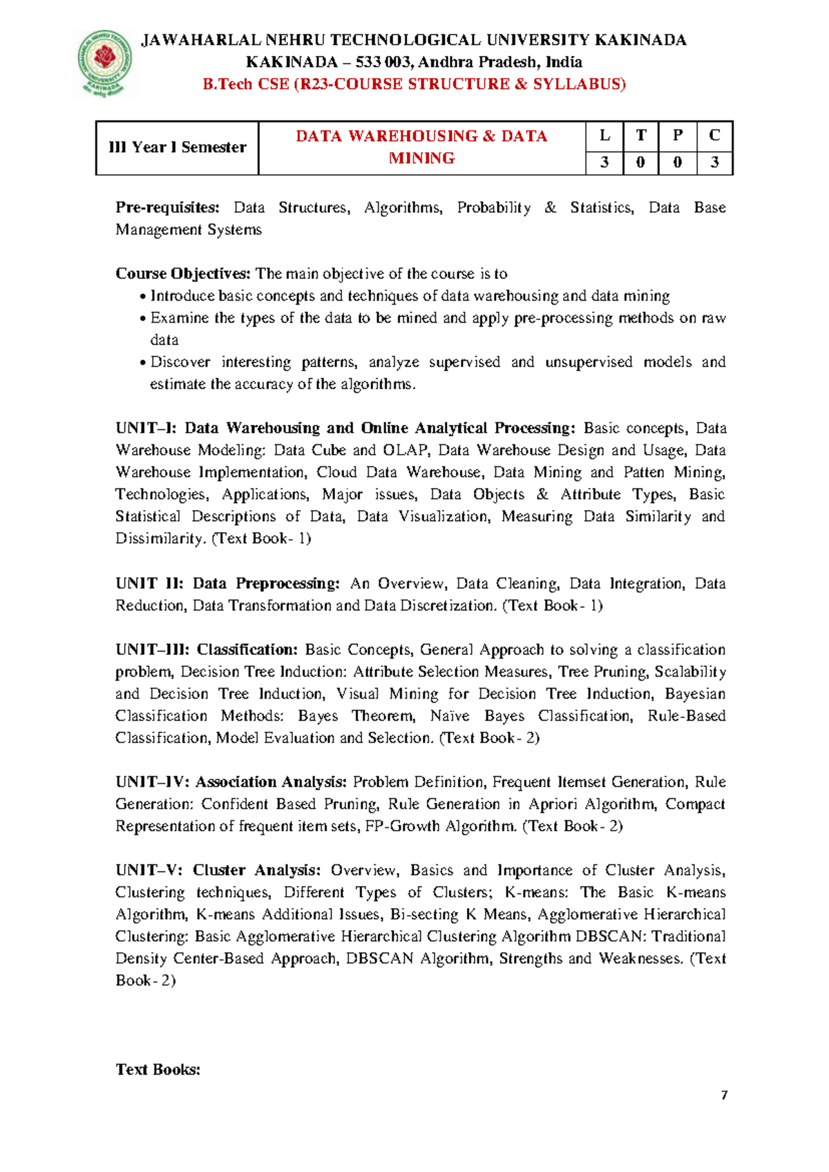 DW&DM Syllabus - B.Tech CSE Year I Sem (JNTUK) - Studocu