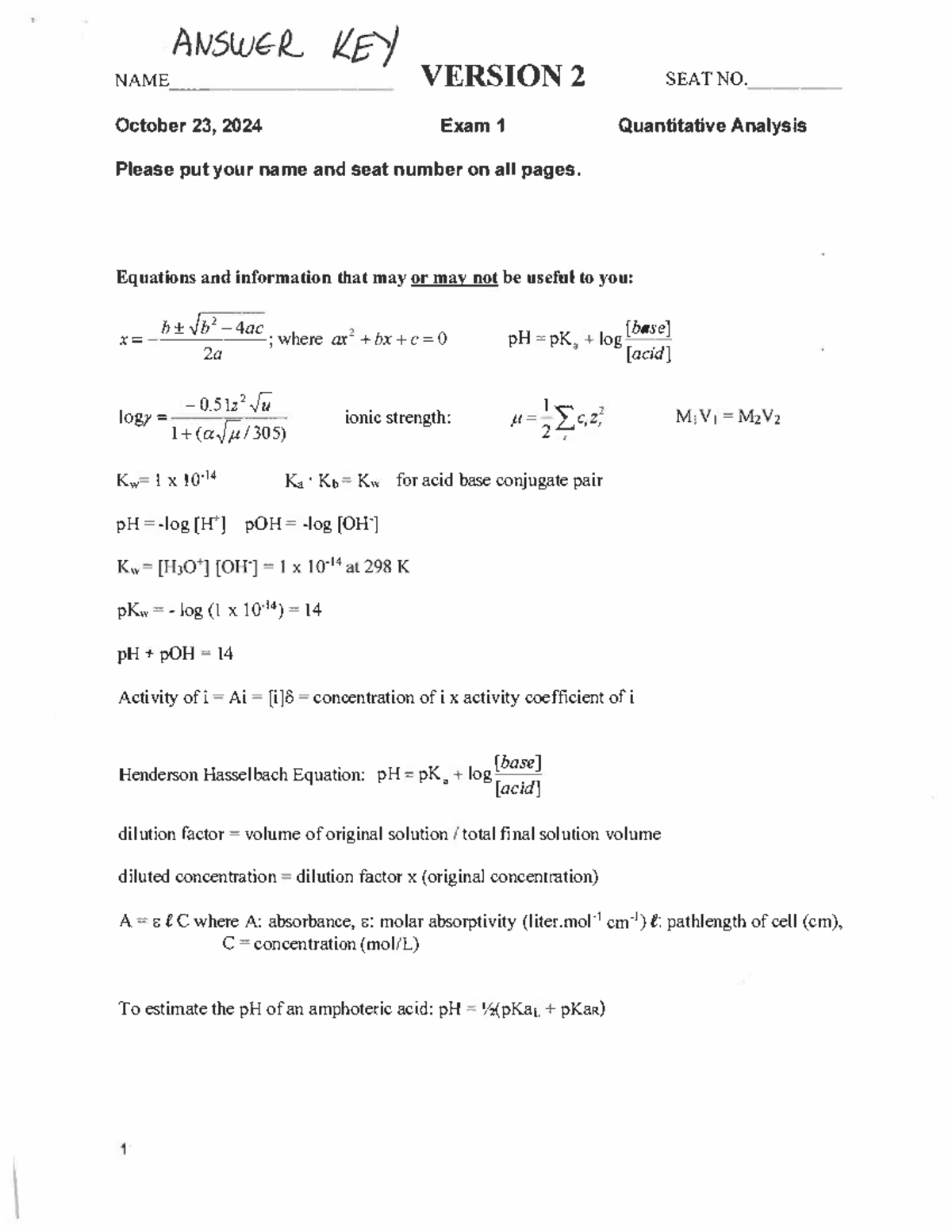Solutions to EXAM 1 2024 Version 2 - NAME- VERSION2 SEAT NO ...