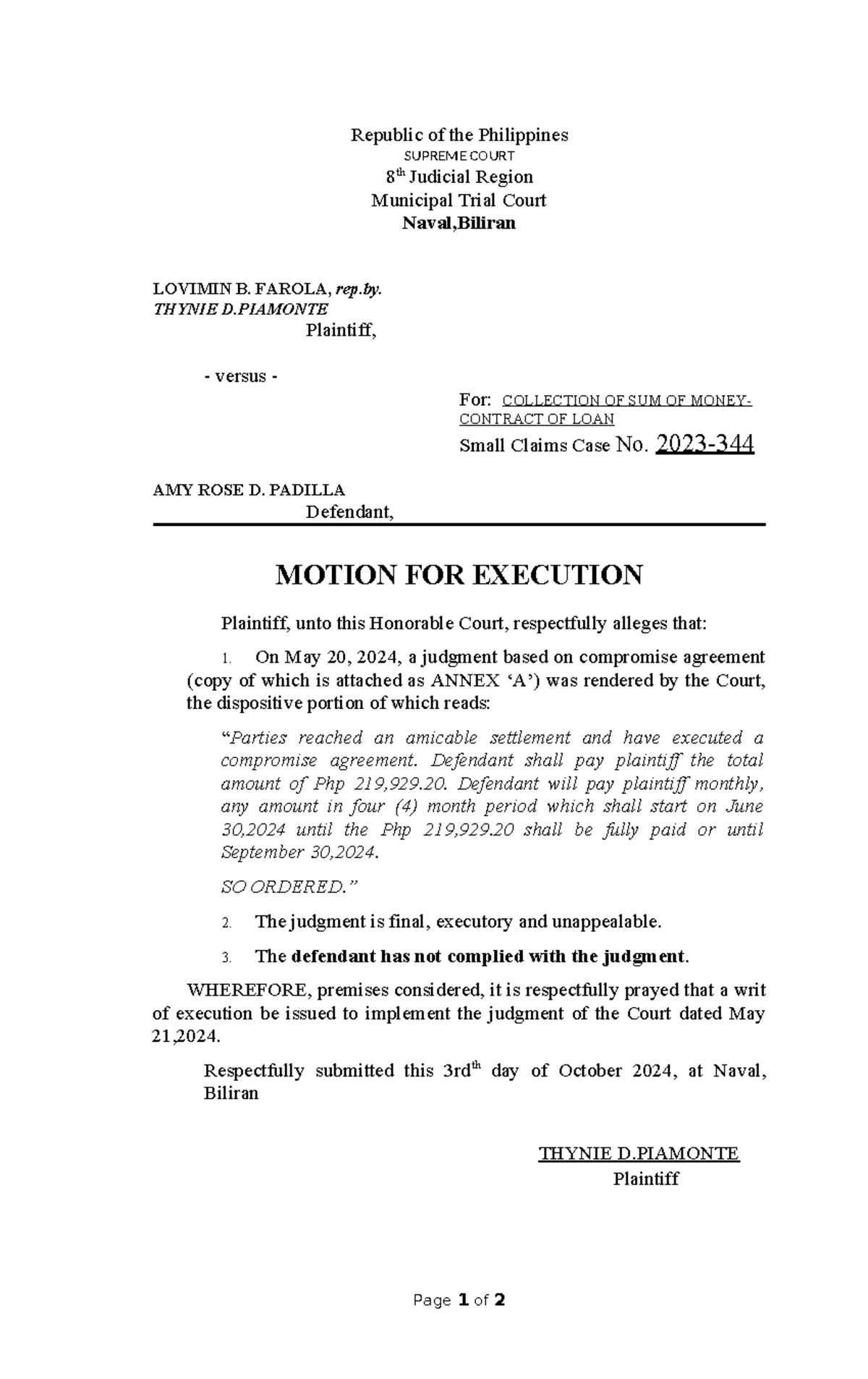 Motion for Execution: Small Claims Case No. AMY ROSE D. PADILLA - Studocu