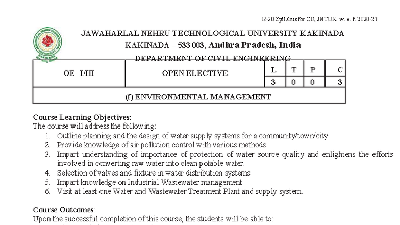 R20 - Civil - Syllabus for Environmental Management Course - Studocu