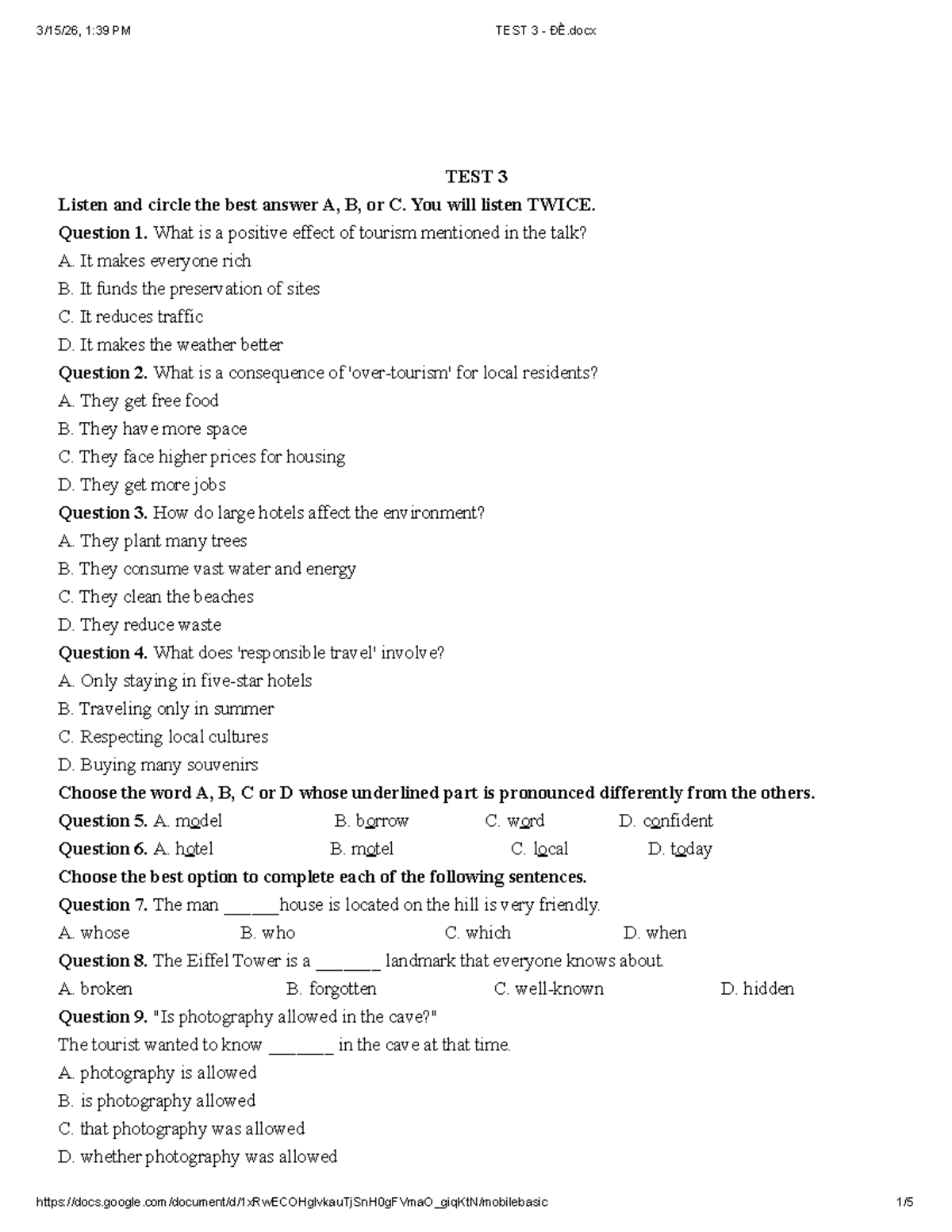 TEST 3 - Listening Comprehension & Language Skills Exercise - Studocu