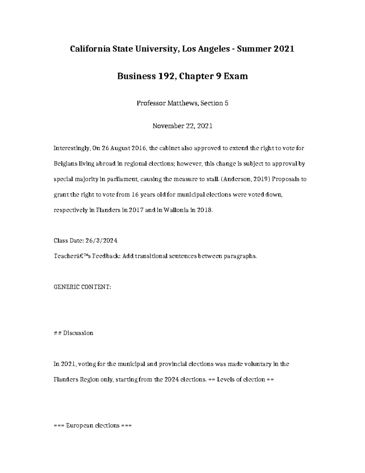 Business 192 Summer 2021 Chapter 9 Exam - CSU Los Angeles - Studocu