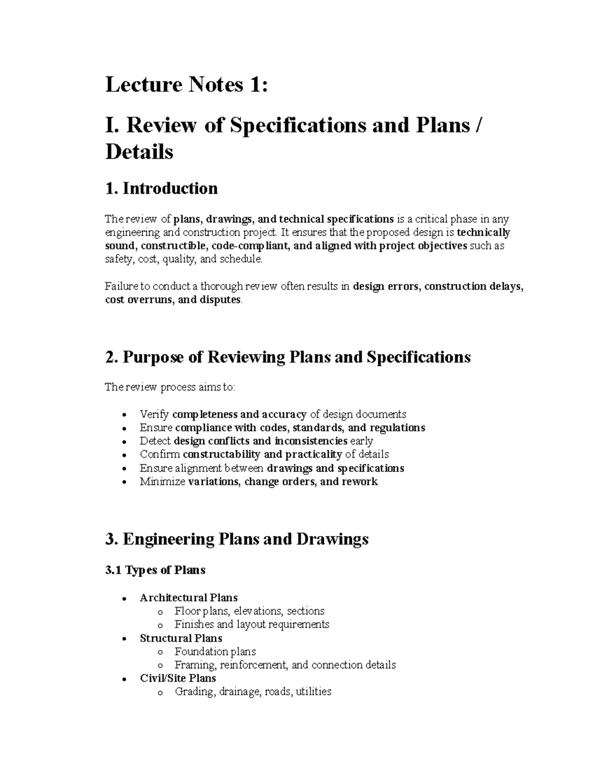 Lecture Notes 1: Review of Specifications and Plans Overview - Studocu