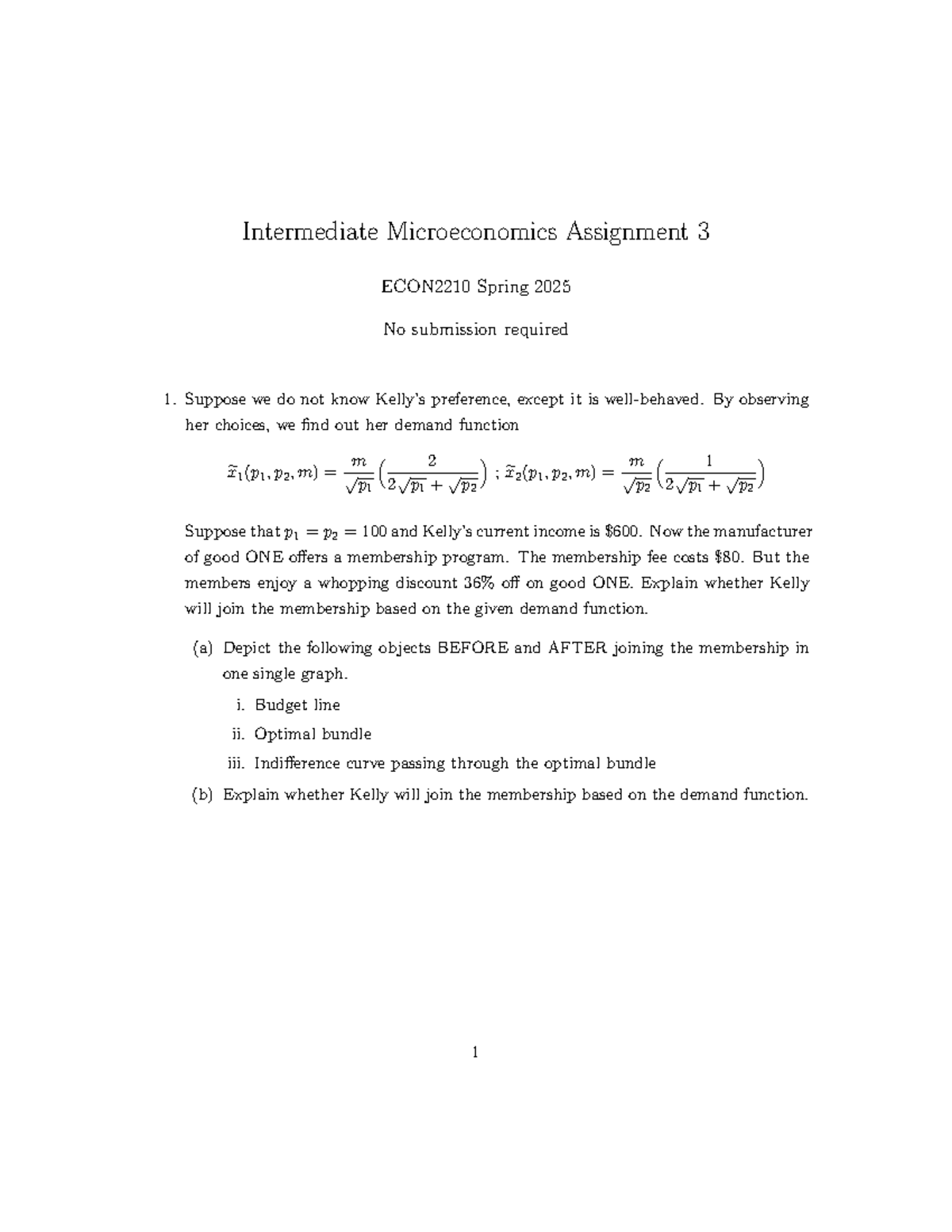 2025S Assignment 3 - Intermediate Microeconomics Assignment 3 ECON2210 ...
