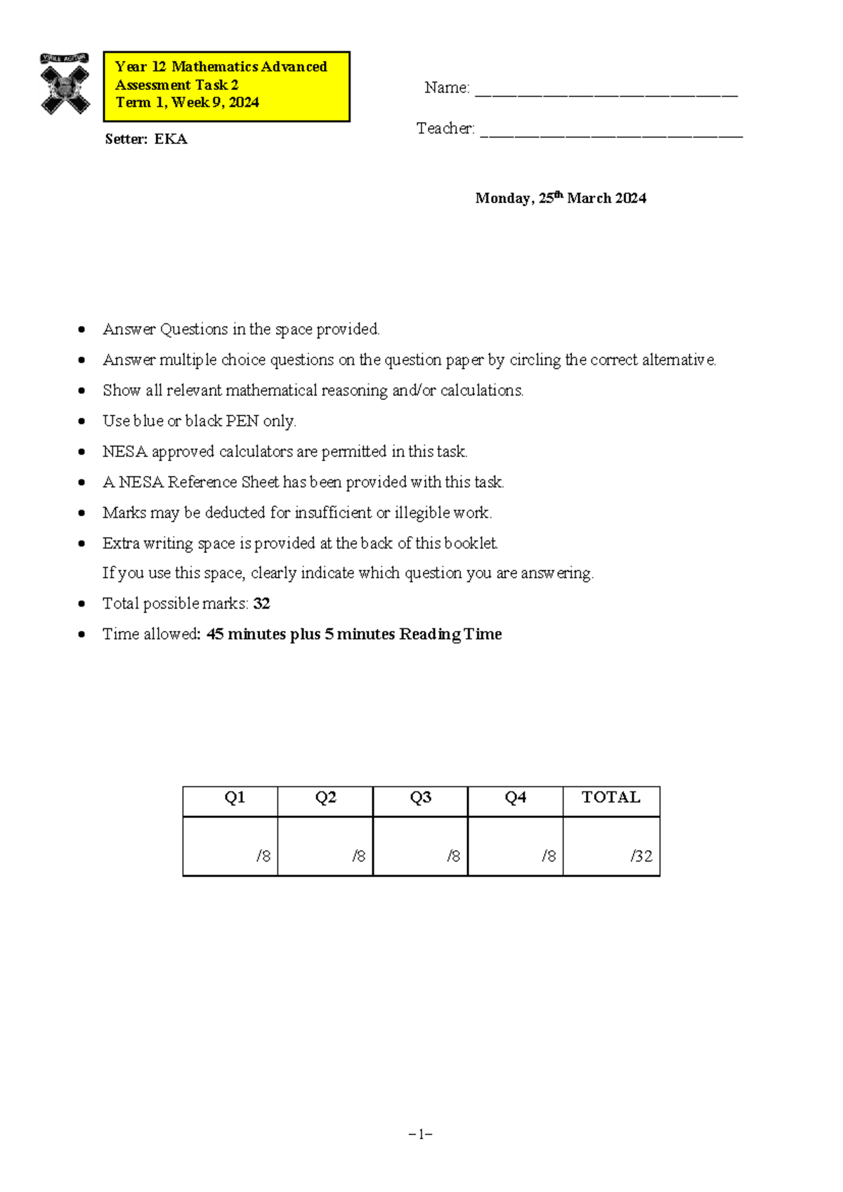 2024 Y12 MA AT2 - Advanced Mathematics Assessment Task - Studocu