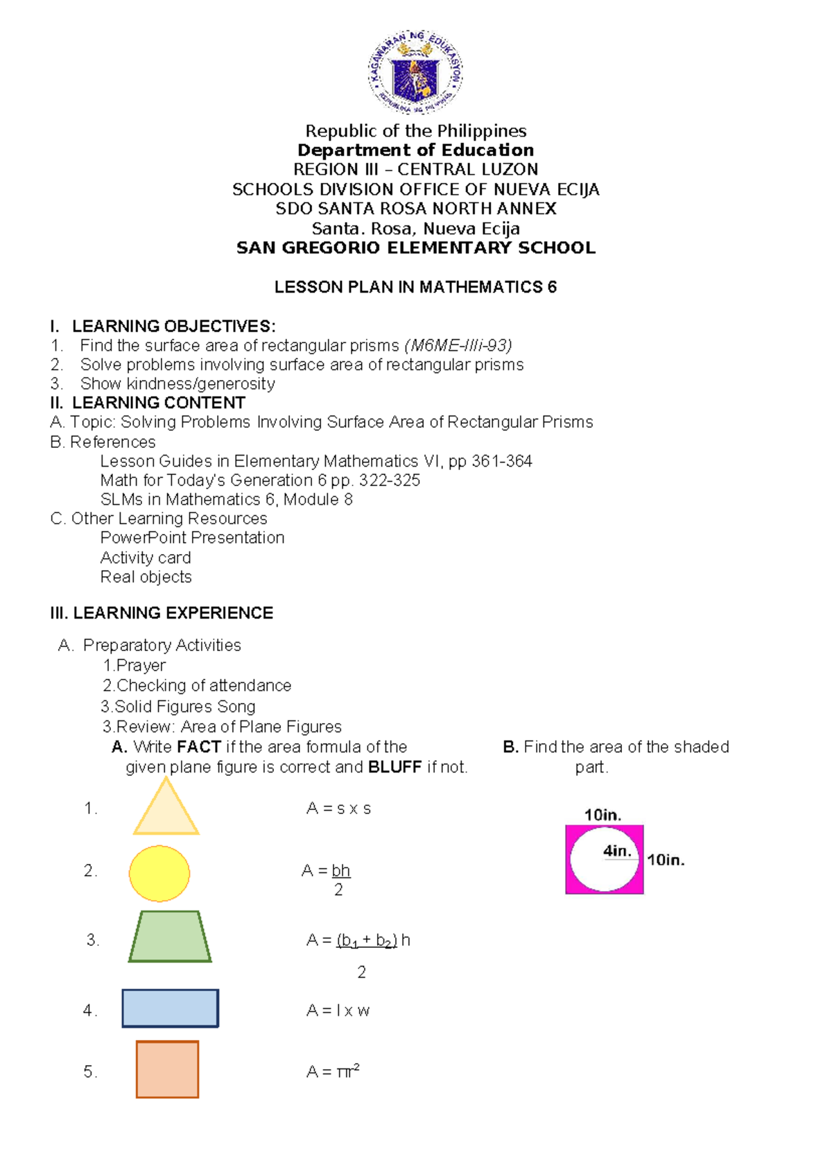 M6 Mathematics 6 Surface Area Lesson Plan for Rectangular Prisms - Studocu