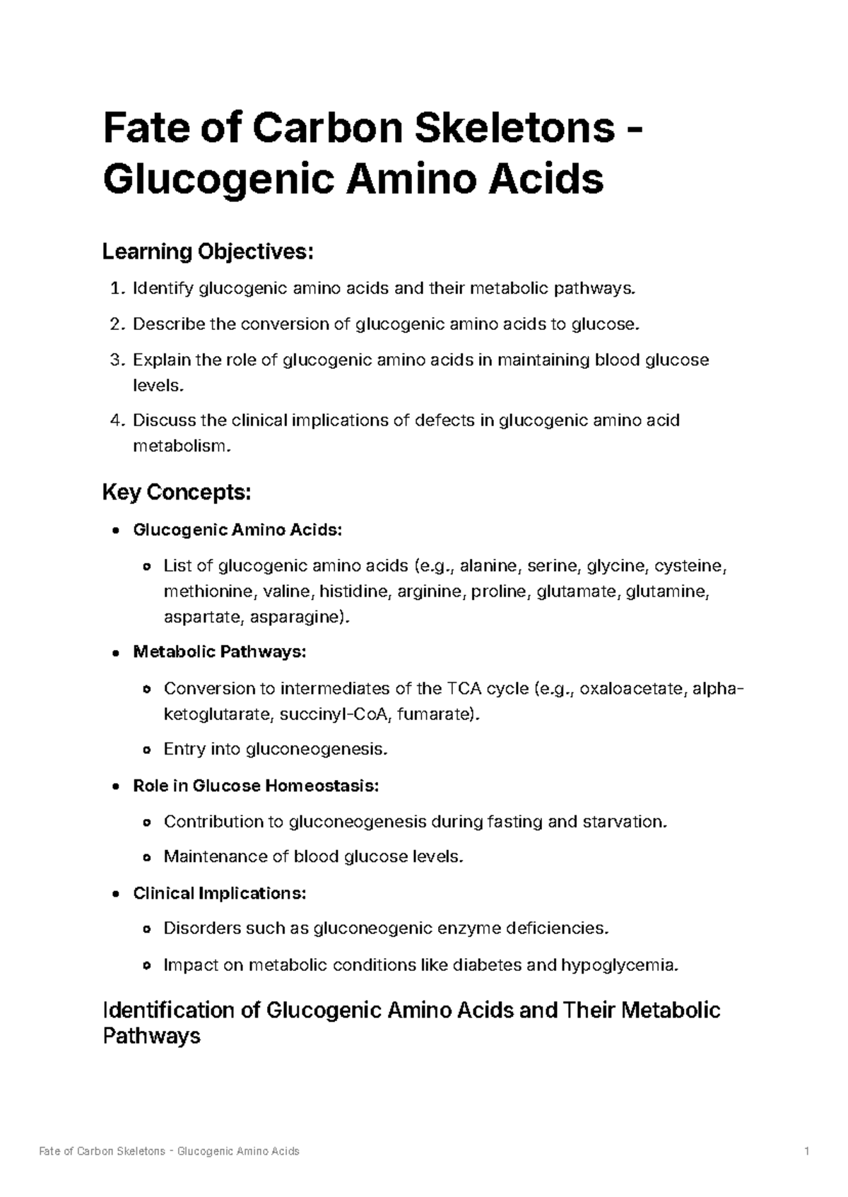 Fate of Carbon Skeletons - Glucogenic Amino Acids - Fate of Carbon ...