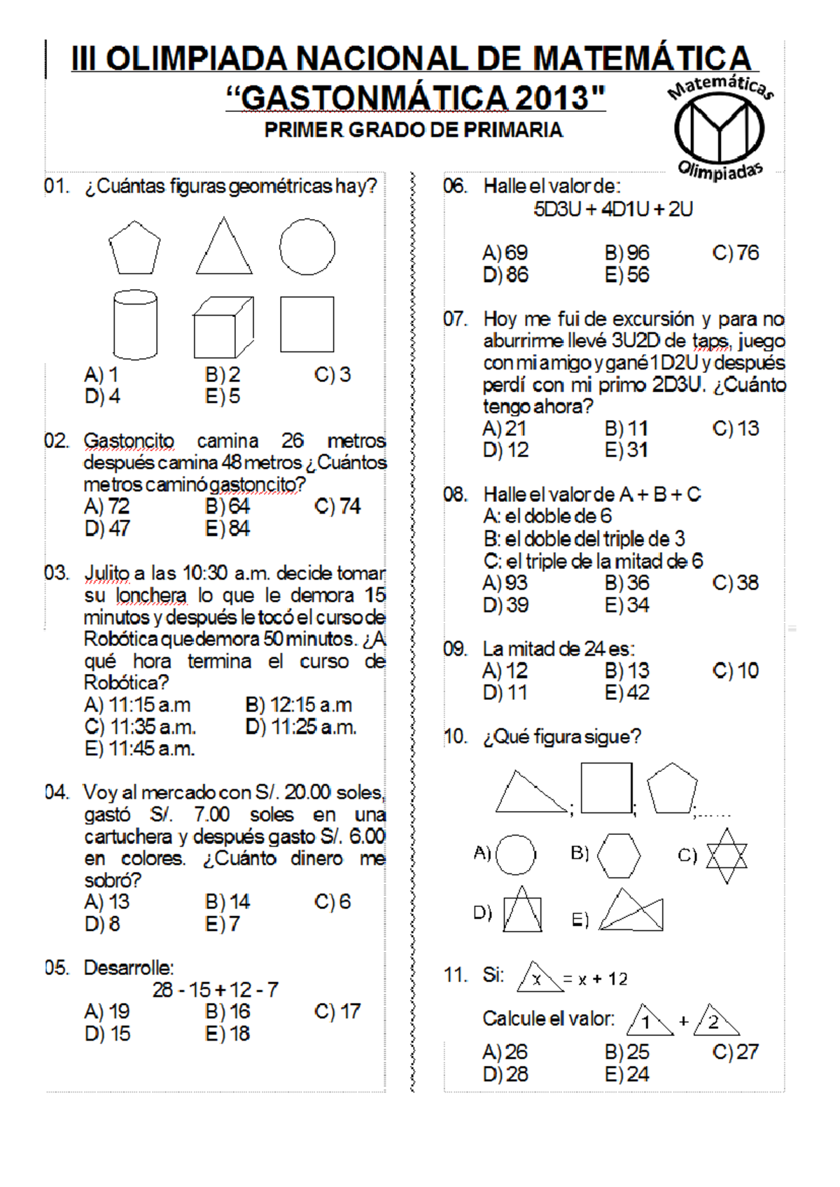 OLIMPIADA NACIONAL DE MATEMÁTICA - Examen 1er Grado de Primaria - Document Preview