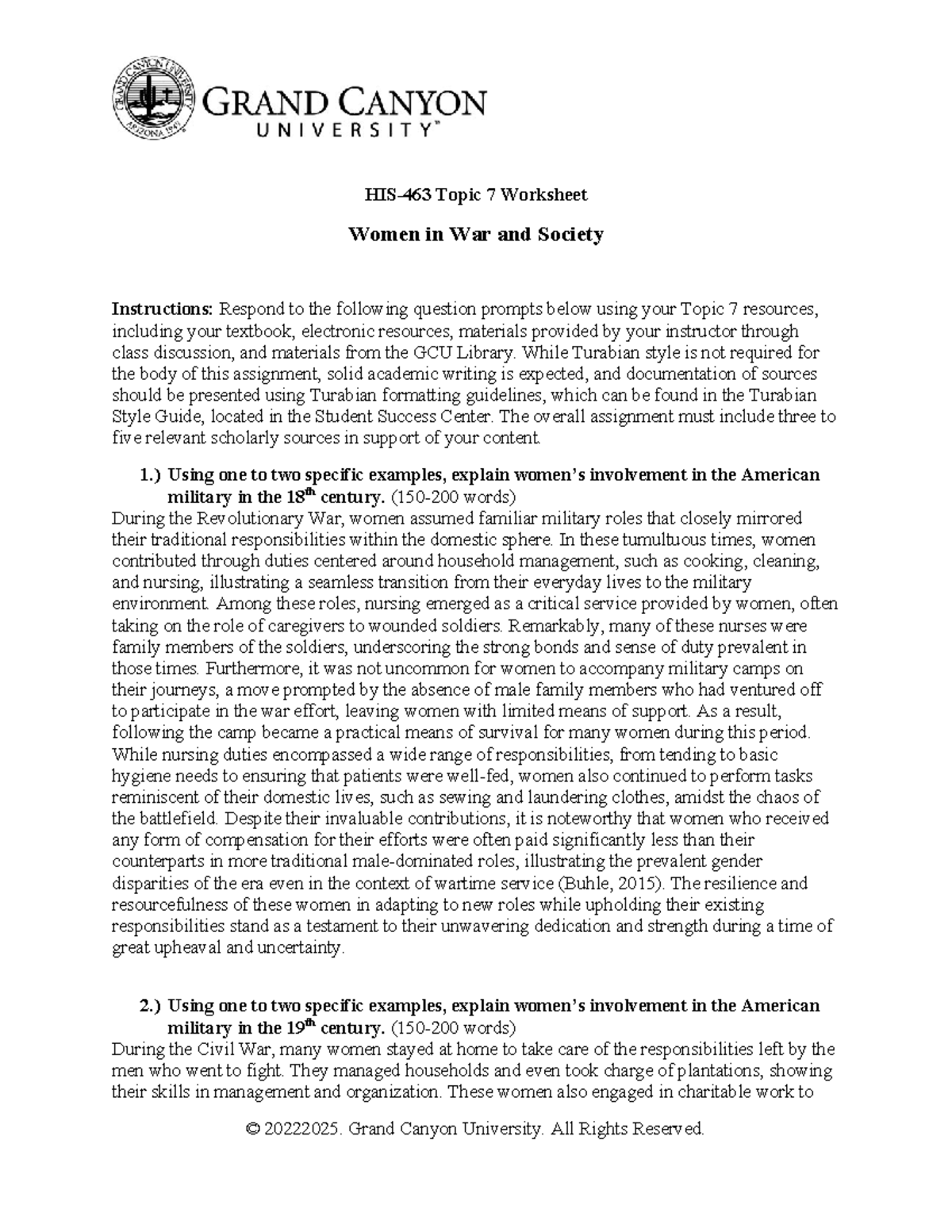 HIS 463 RS T7Womenin Warand Society - HIS-463 Topic 7 Worksheet Women ...