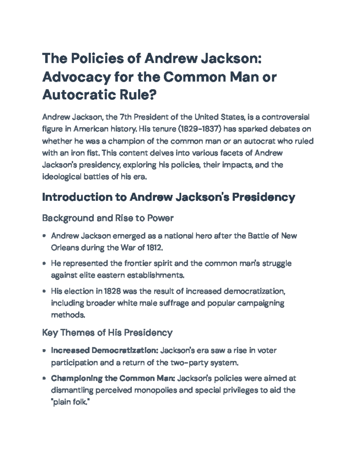Andrew Jackson's Presidency: Champion for the Common Man or Autocrat ...