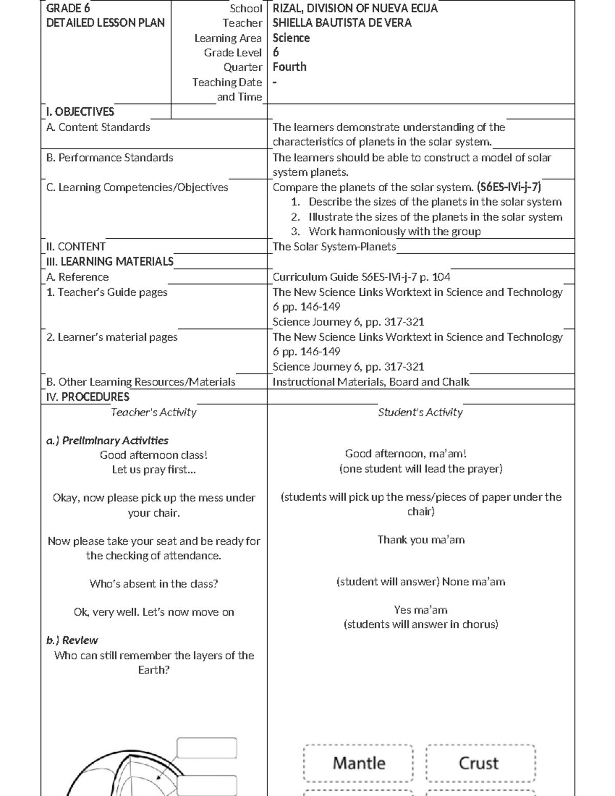 Science-6- Detailed Lesson Plan on Planets Exploration - Studocu