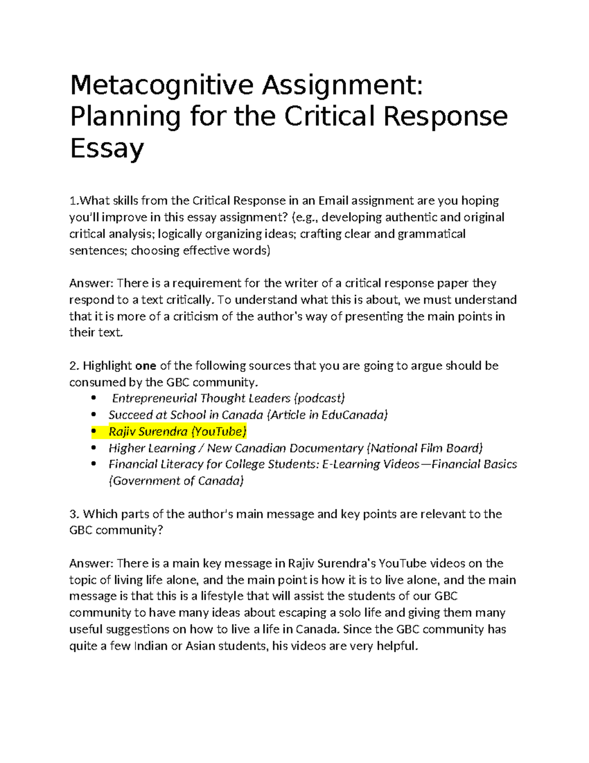 GBC ENG 101 Metacognitive Essay Assignment on Critical Response Skills ...