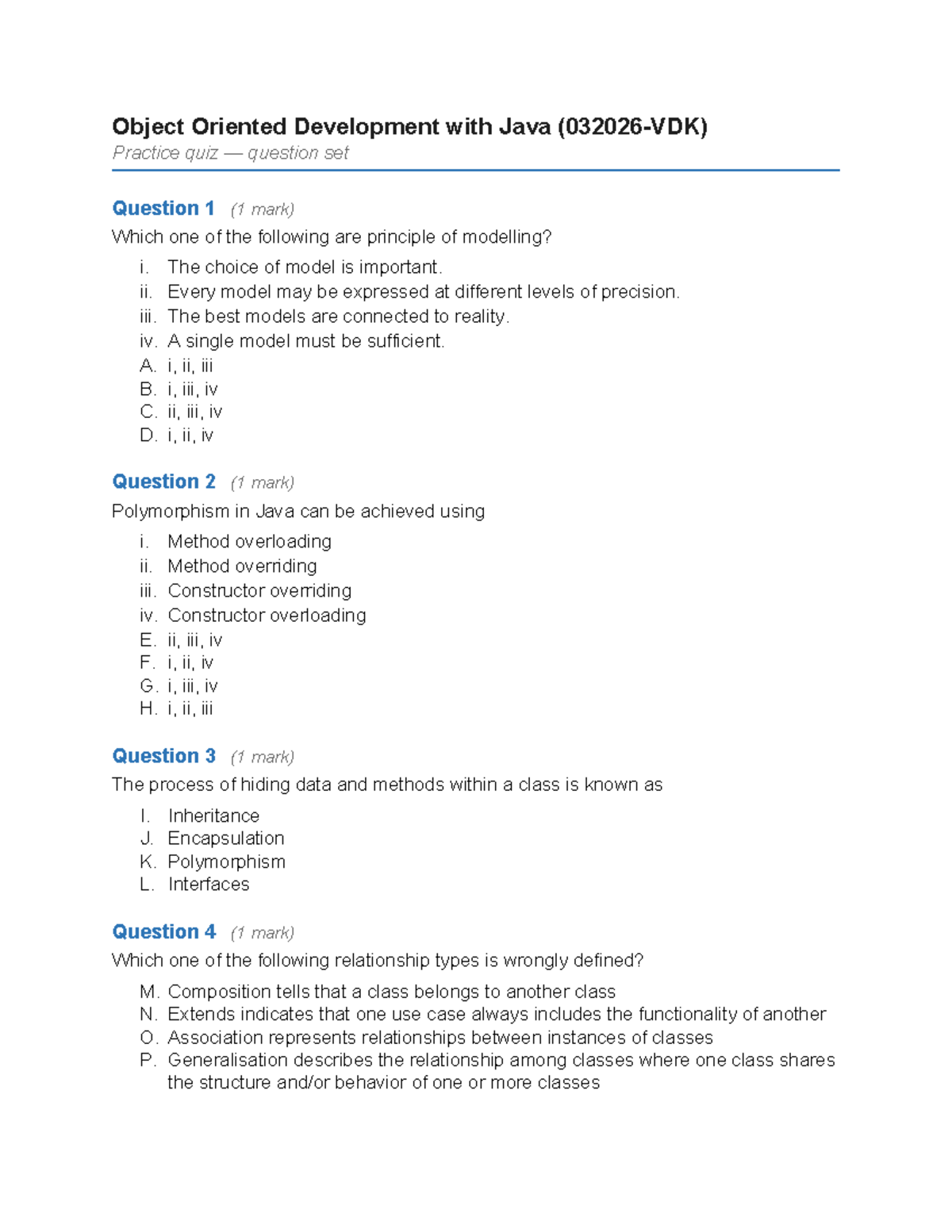 OOP Java Quiz Questions (CS101) - Practice Questions Set - Studocu