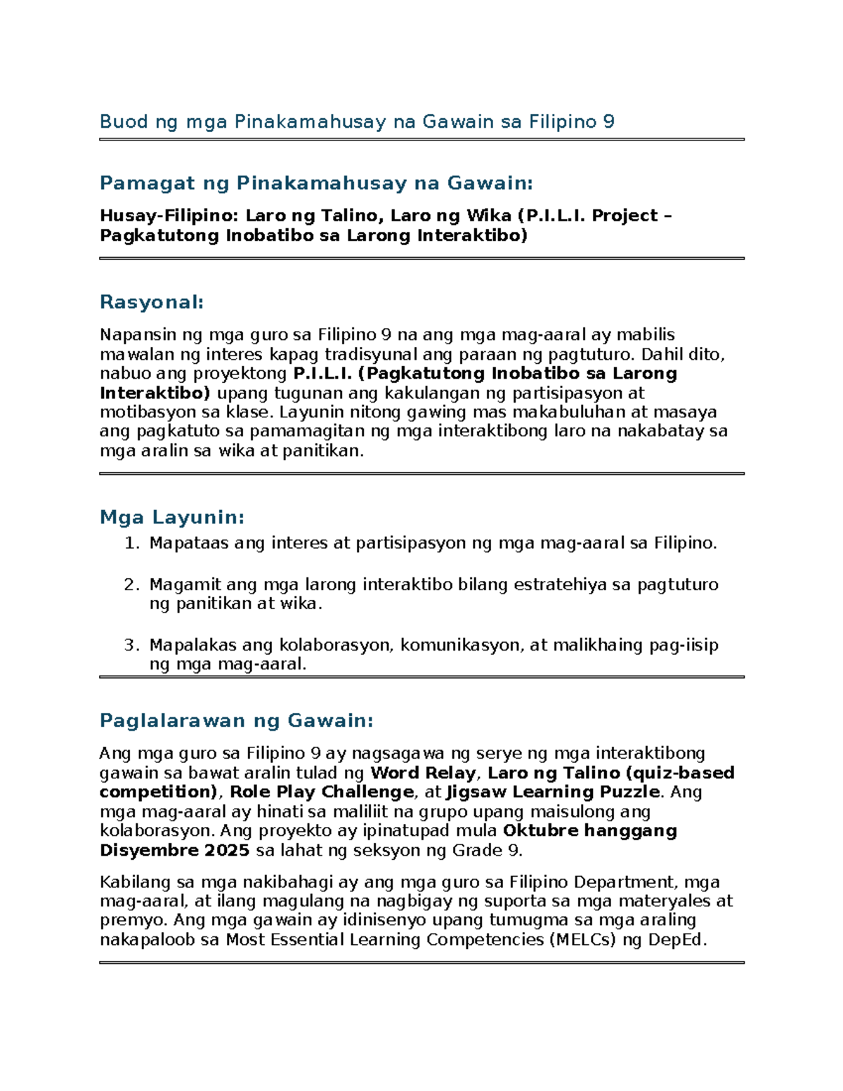 Filipino 9: P.I.L.I. Project Best Practices in Interactive Learning ...