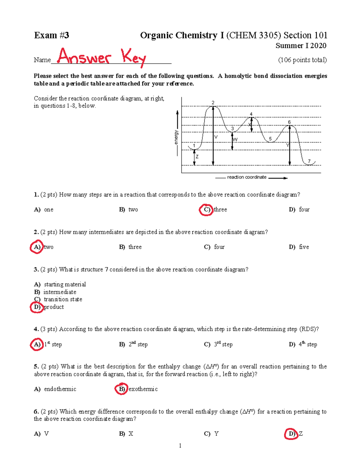 CHEM 3305 Exam 3 Summer I 2020 Organic Chemistry Answer Key - Studocu