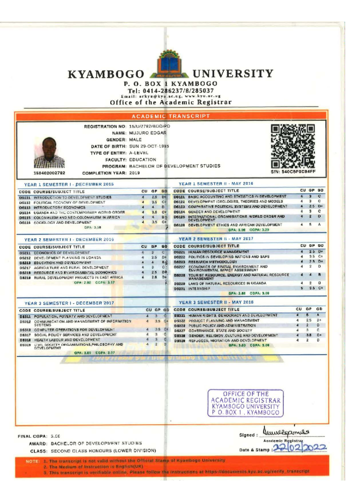 KYU Academic Transcript: Bachelor of Development Studies - Edgar Mujuro ...