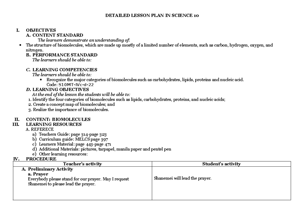 Detailed Lesson Plan on Biomolecules for Science 10 - Studocu
