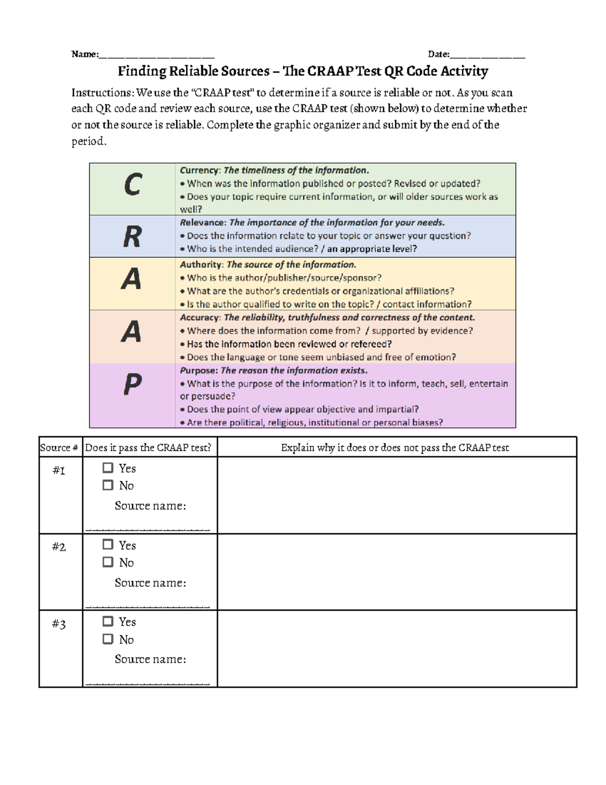 CRAAP Test Source Evaluation QR Code Activity - Studocu