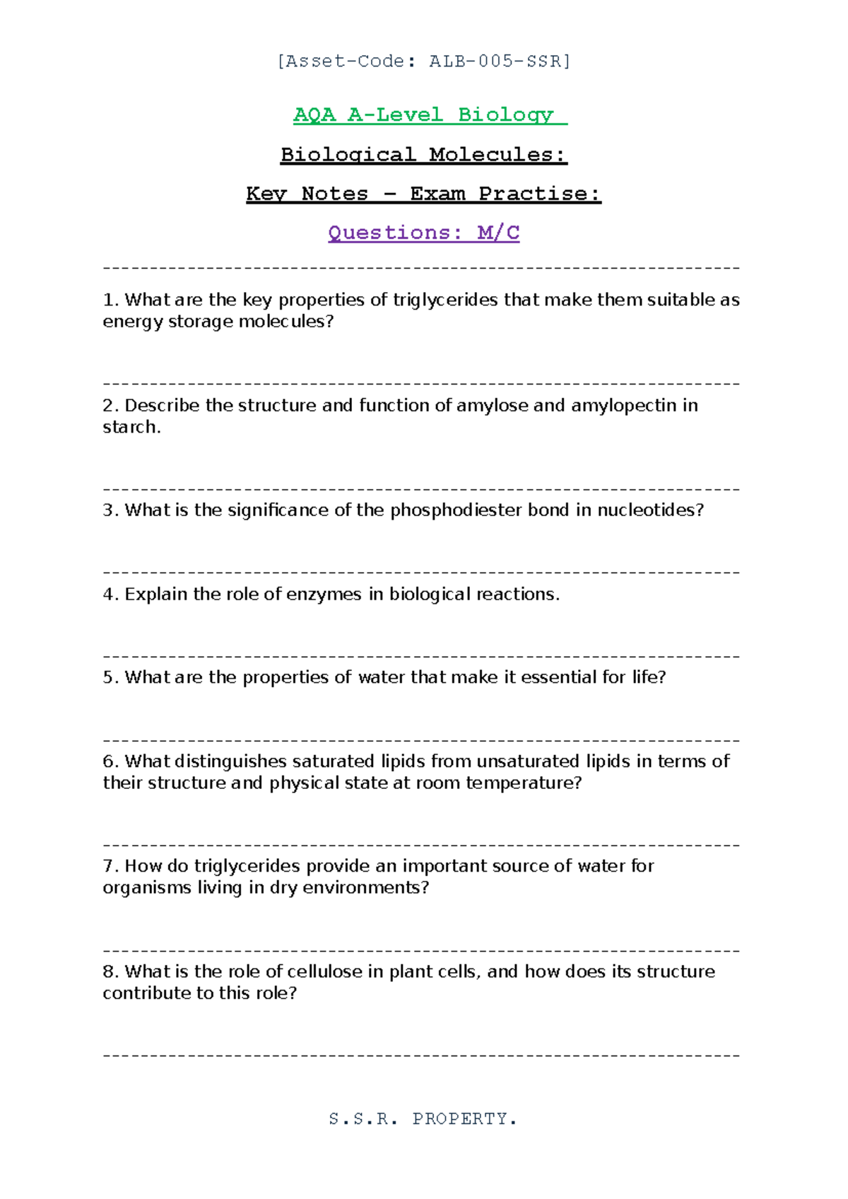 AQA Biology Biological Molecules: Key Exam Questions & Notes - Studocu