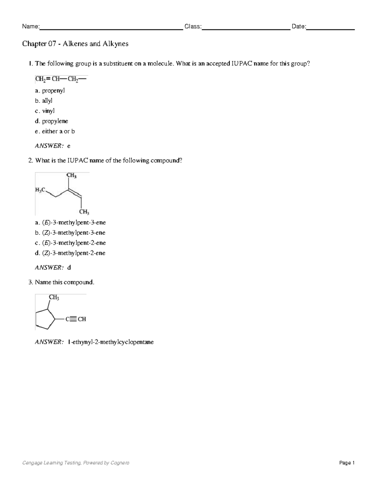 Chapter 07: Alkenes and Alkynes Practice Questions (7題目) - Studocu