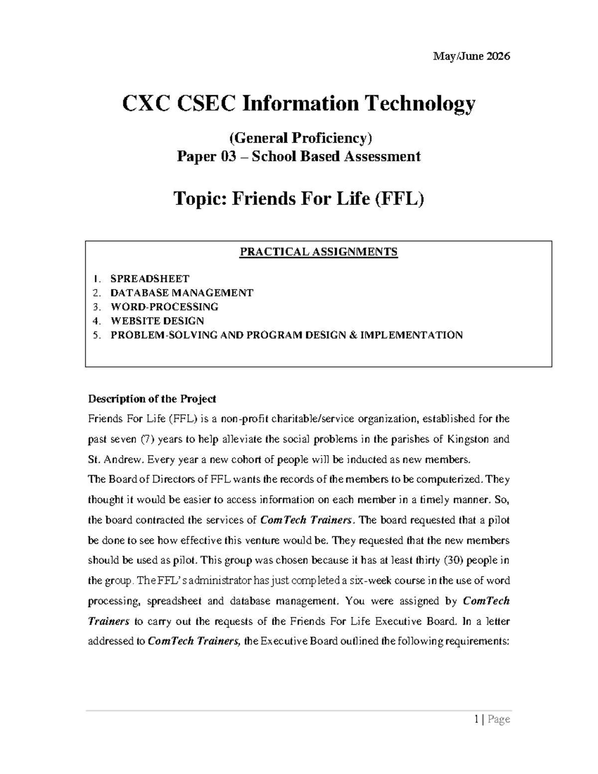 CXC CSEC IT SBA: Friends For Life (FFL) Project Overview 2026 - Studocu