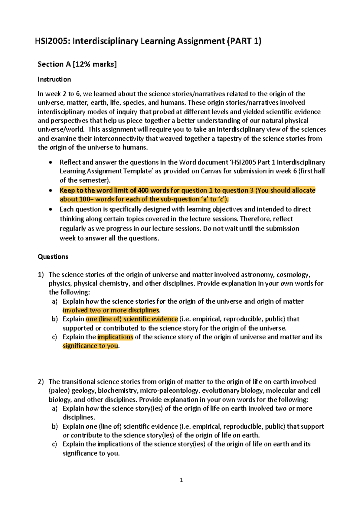 HSI2005: Interdisciplinary Learning Assignment I (Part 1 Instructions ...