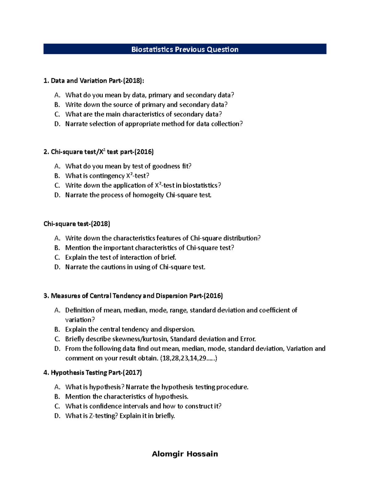 Biostatistics Exam Questions Compilation (2016-2019) - Studocu