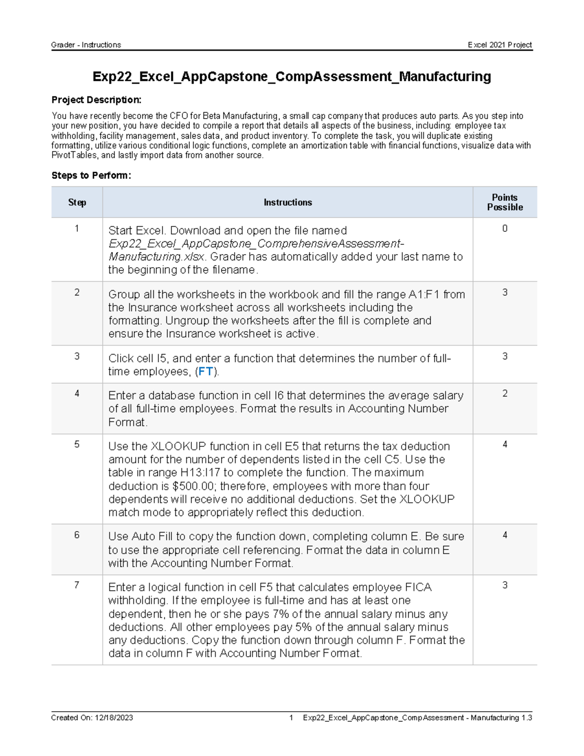 Exp22 Excel App Capstone Comp Assessment: Manufacturing Instructions ...