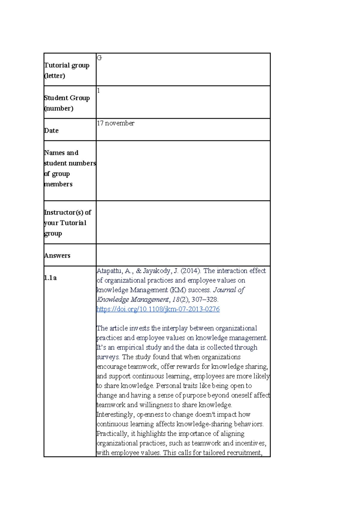KIO 101: Week 1 Group Tutorial Assignment on Knowledge Management ...