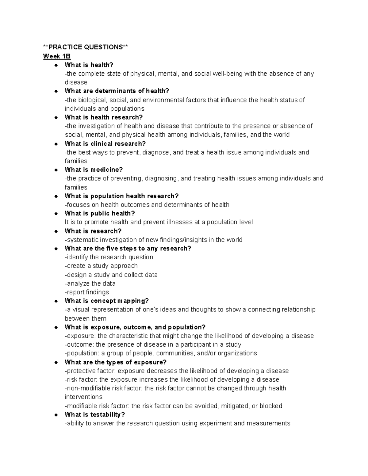 Health Research Practice Questions - Week 1B & 2A - Studocu