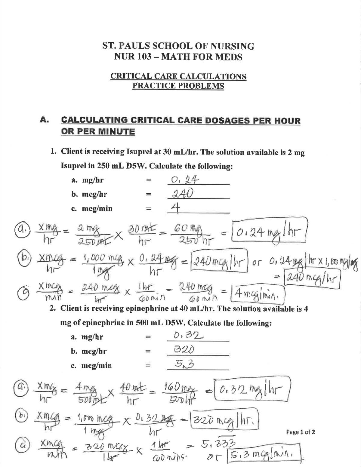 NUR 103 Critical Care Calculations Practice Test Answer Key - Studocu
