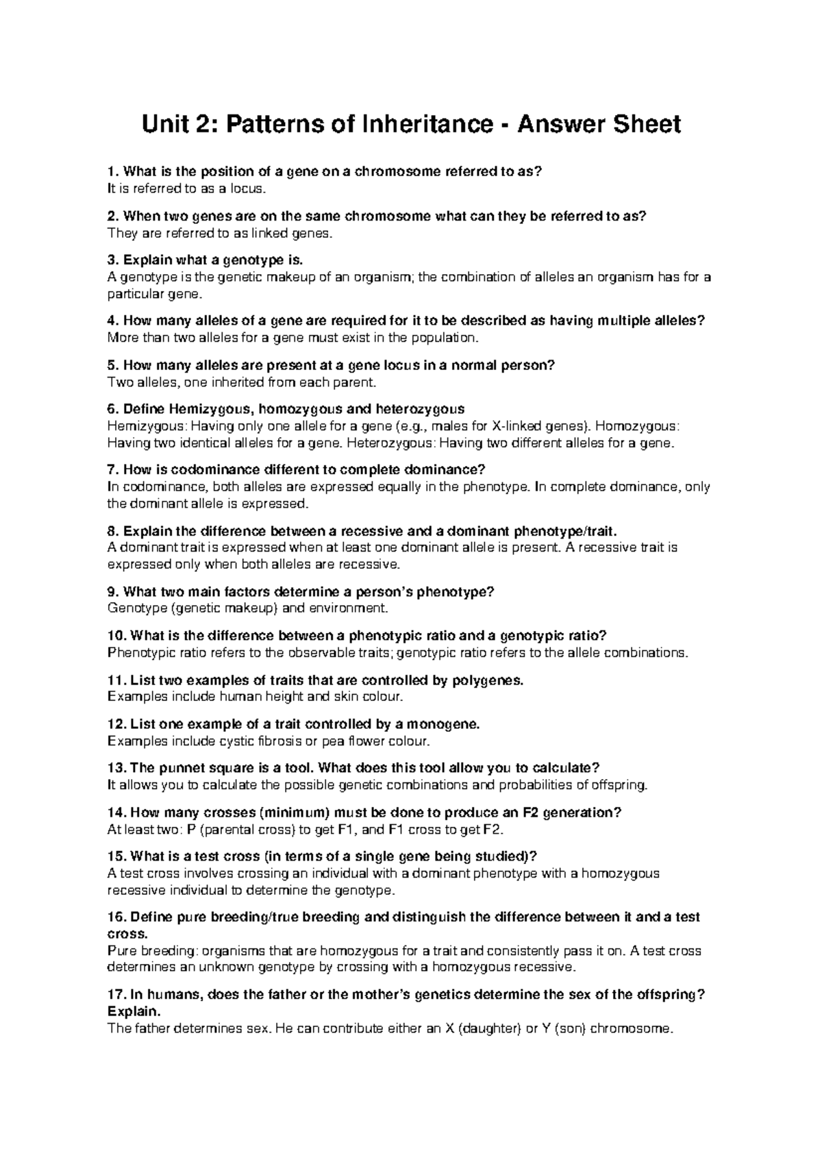 Unit 2: Patterns of Inheritance Answer Sheet - Studocu