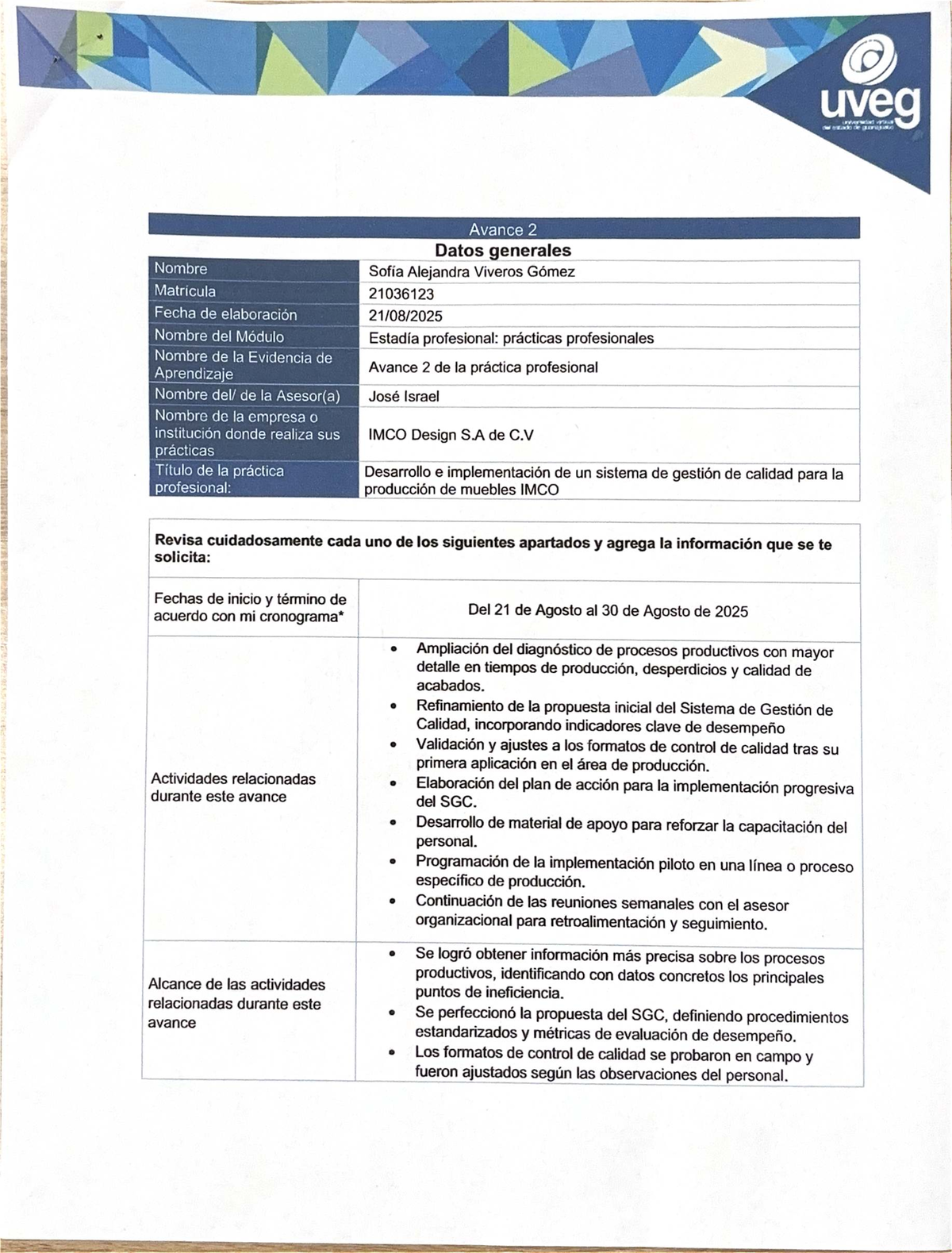 Avance 2: Implementación del SGC en IMCO Design S.A. de C.V. - Studocu