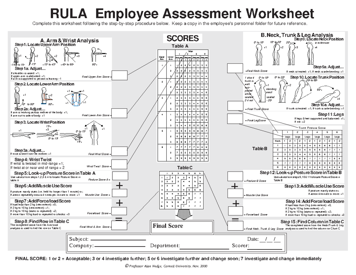 RULA Employee Assessment Worksheet (RULA-001) - Studocu
