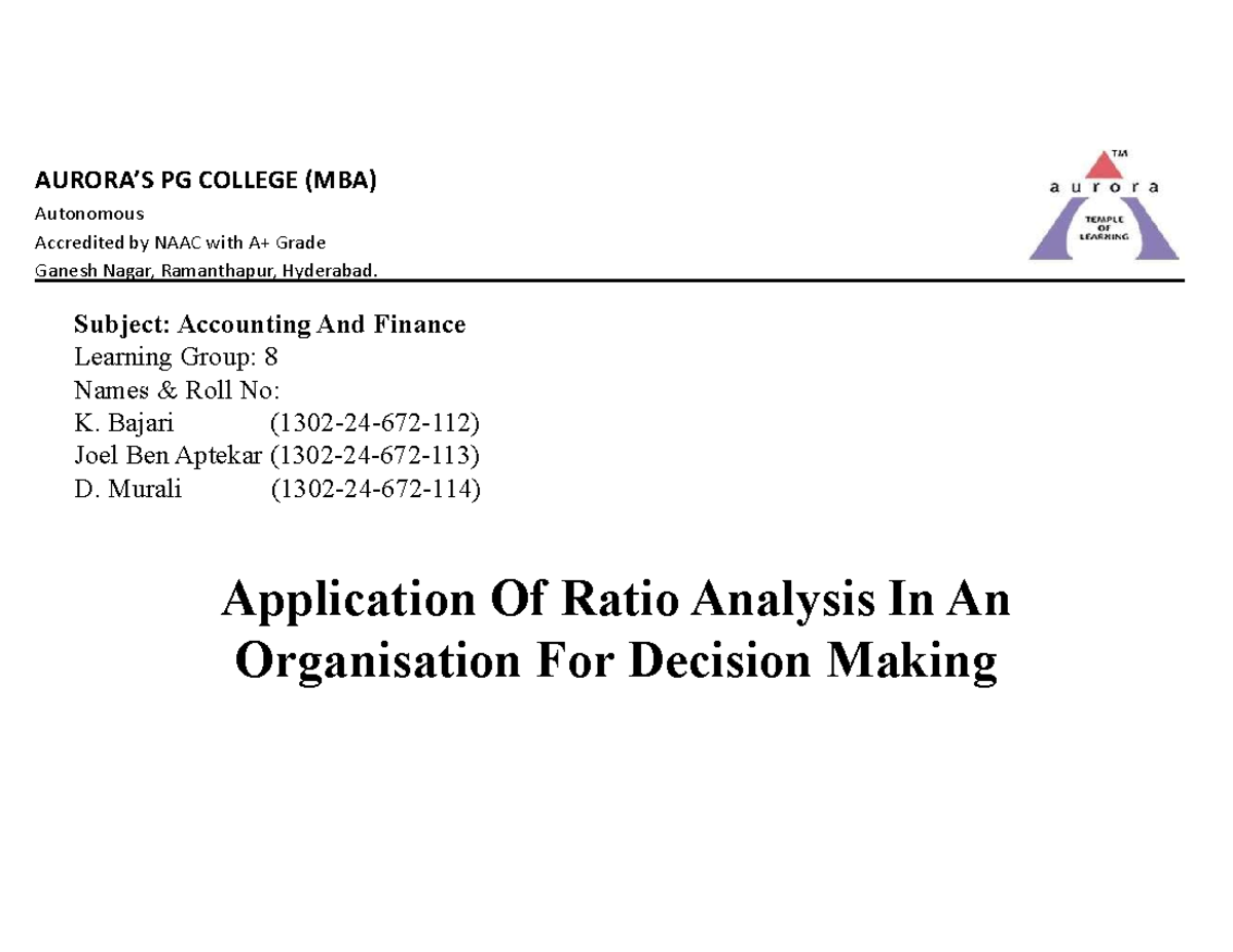 Case Study - Subject: Accounting And Finance Learning Group: 8 Names ...