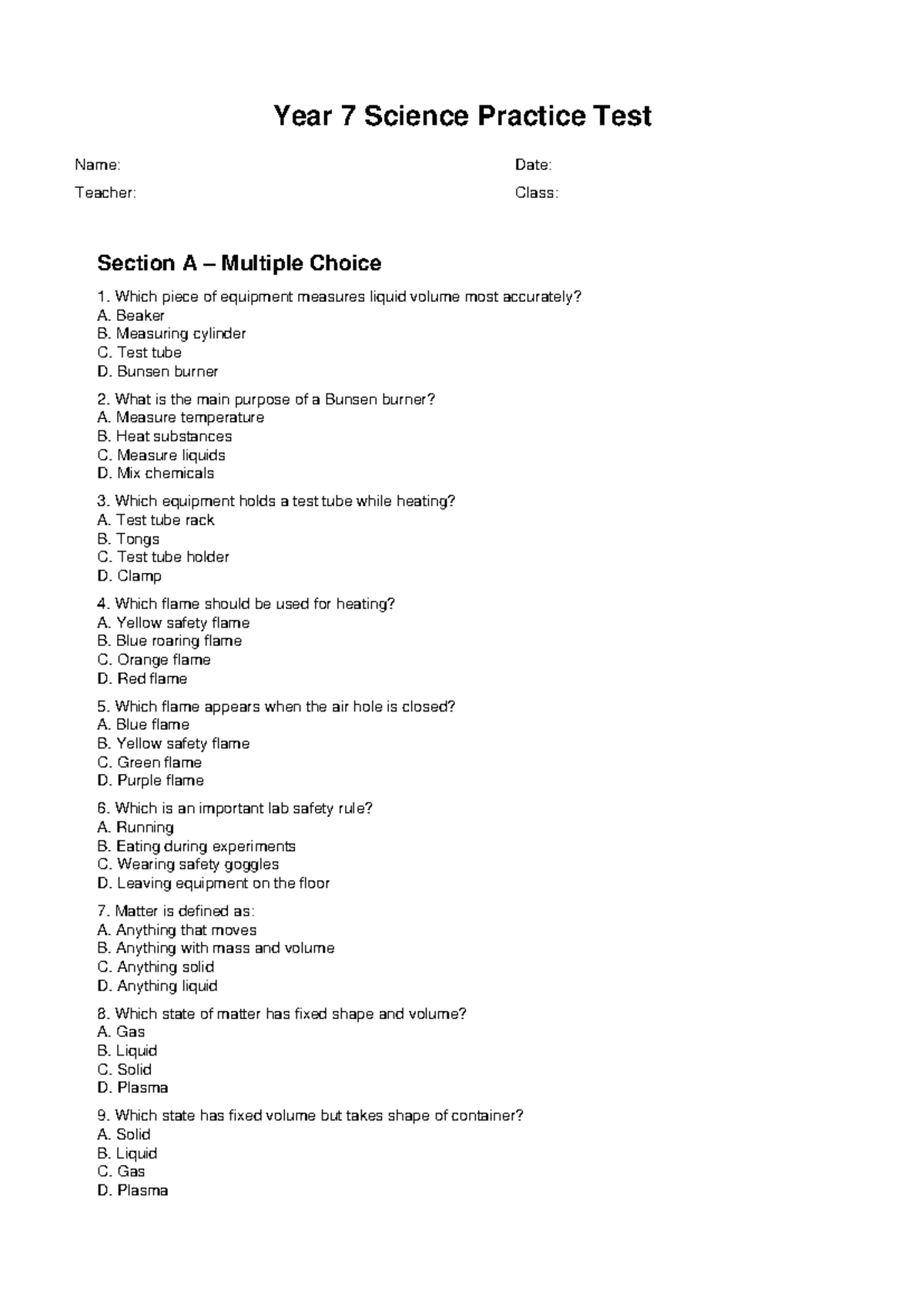 Year 7 Science Practice Test: Multiple Choice & Short Answer - Studocu