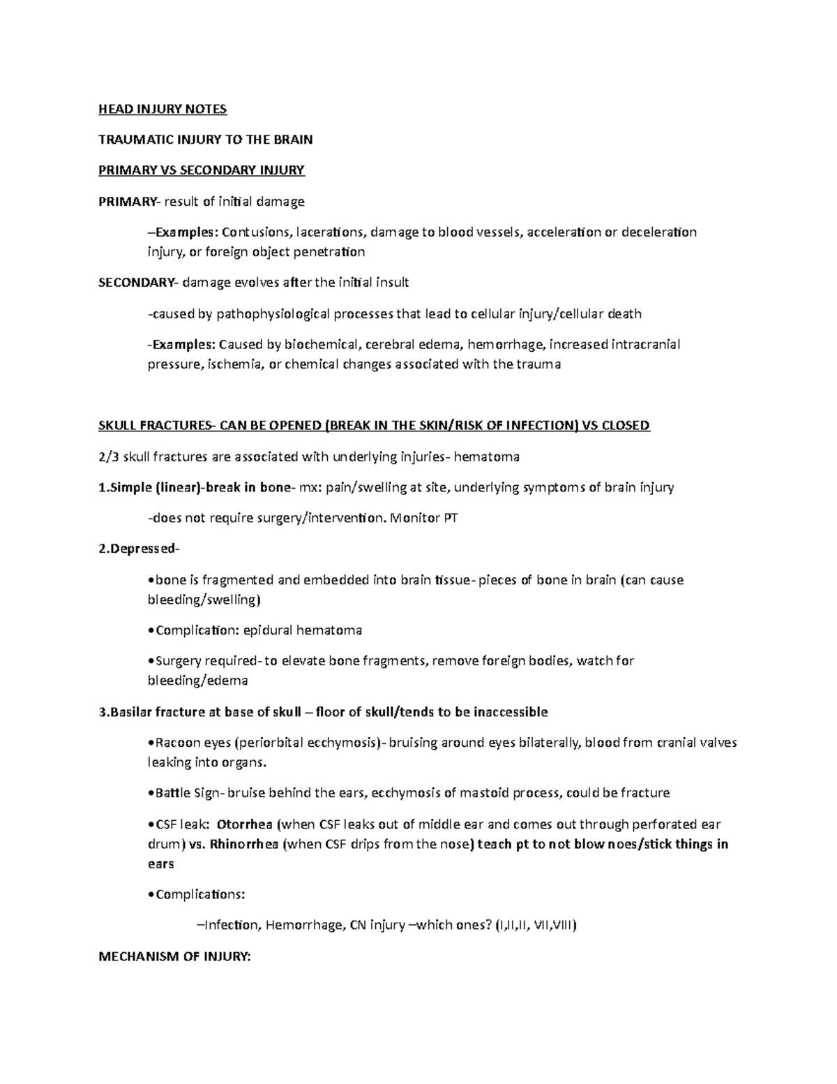 HEAD Injury Notes-patho - HEAD INJURY NOTES TRAUMATIC INJURY TO THE ...