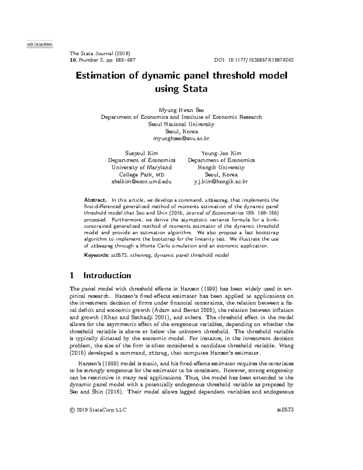 Estimation of Dynamic Panel Threshold Model Using Stata (ECO 1536867 ...
