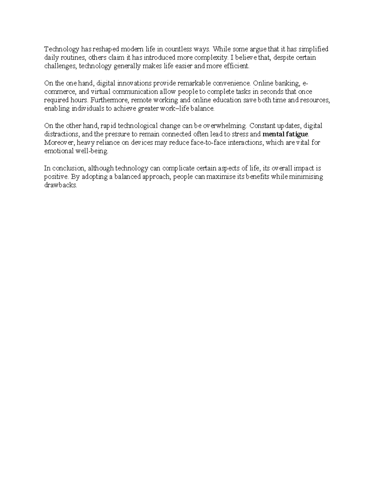 ENG101 Essay: The Impact of Technology on Modern Life - Studocu