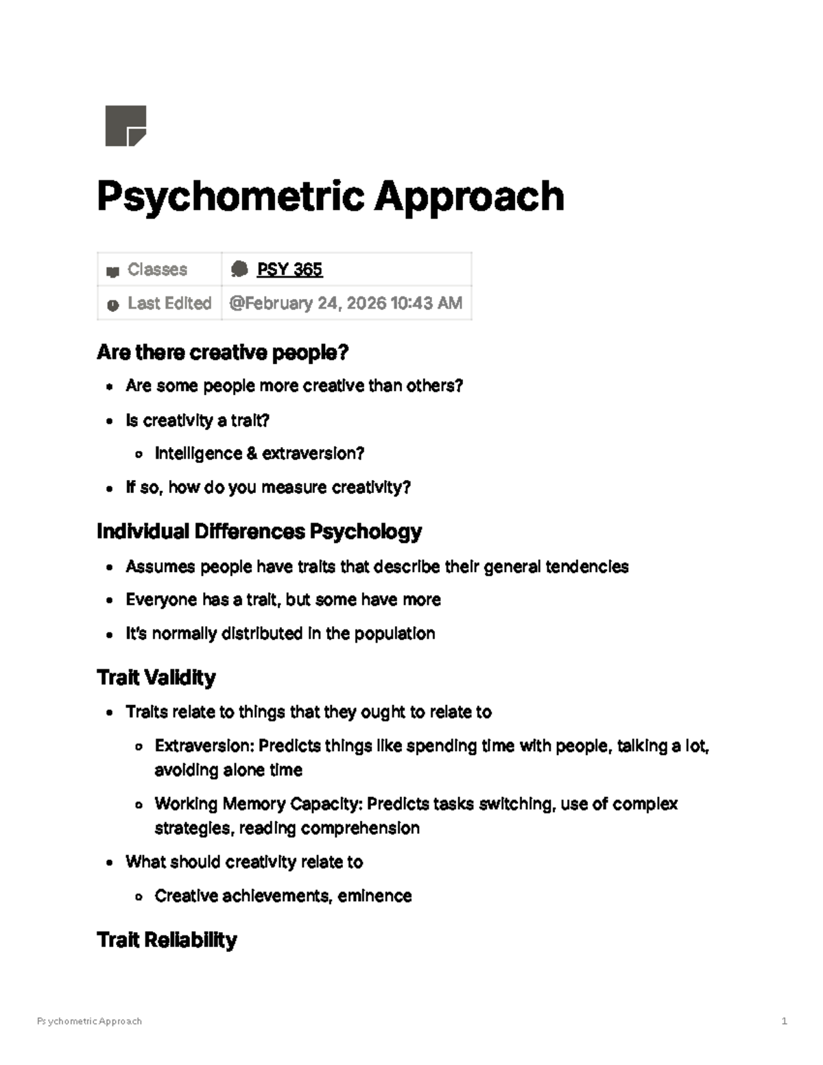 Psychometric Approach to Creativity Measurement PSY 365 - Studocu