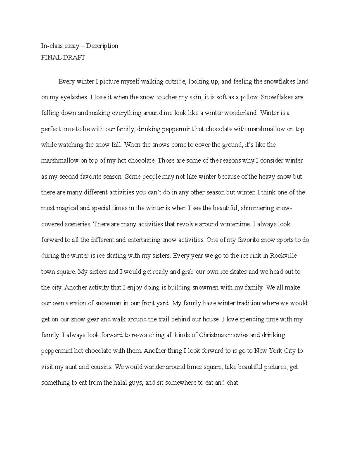Descriptive Essay Final Draft: Embracing the Winter Wonderland - Studocu