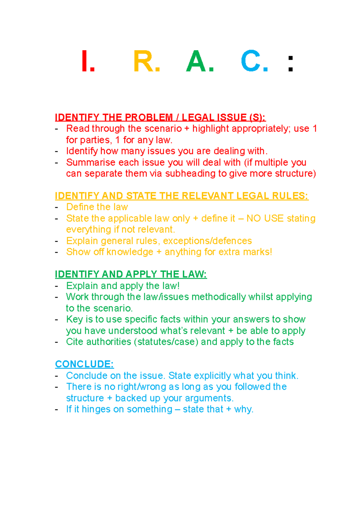 IRAC Structure - I. R. A. C. : IDENTIFY THE PROBLEM / LEGAL ISSUE (S ...