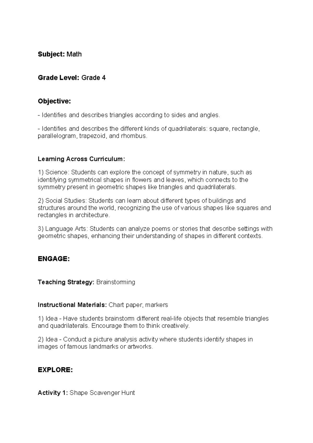 Math Lesson Plan for Grade 4: Triangles & Quadrilaterals - Studocu