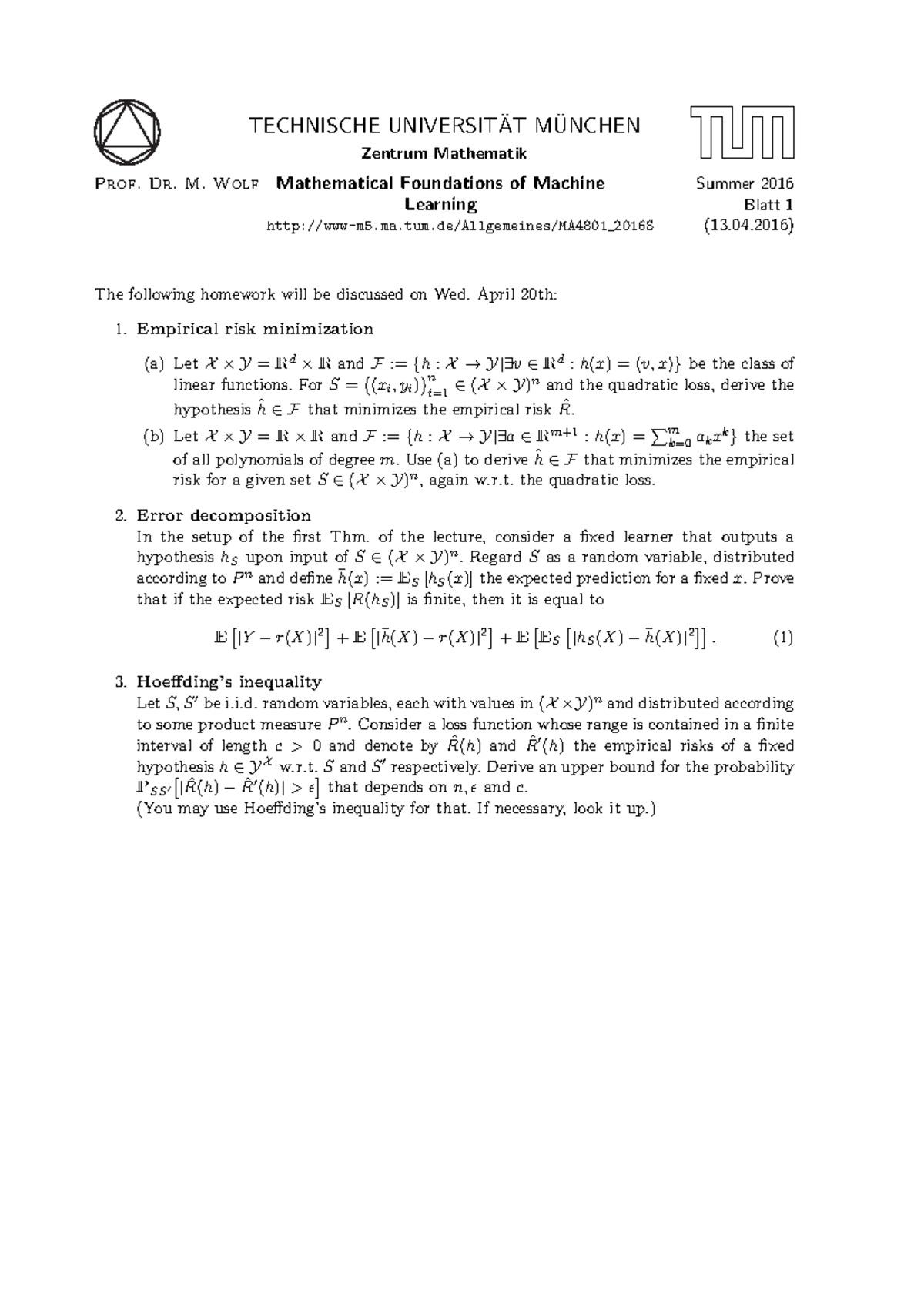 Mathematical Foundations of Machine Learning - Ex1 - TUM - Studocu