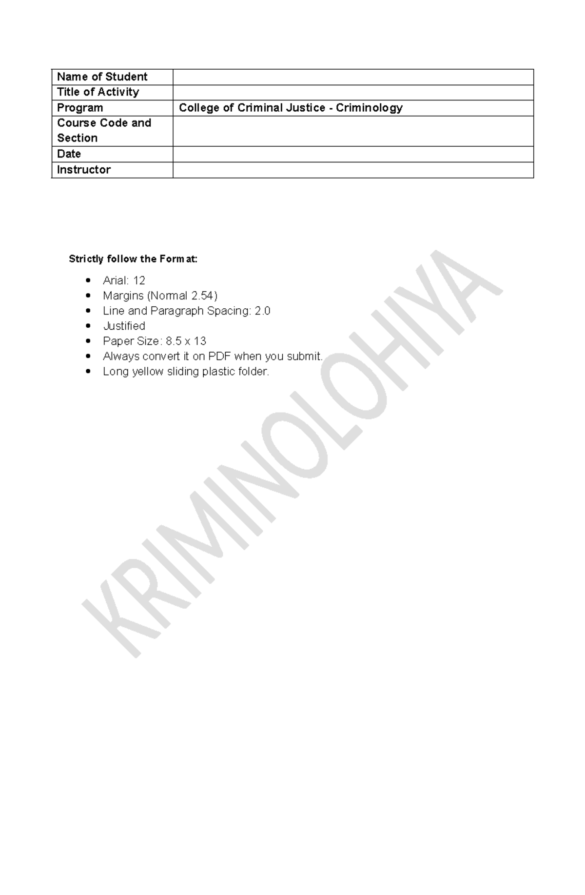 4th Year Activity Report Format - College of Criminal Justice - Studocu