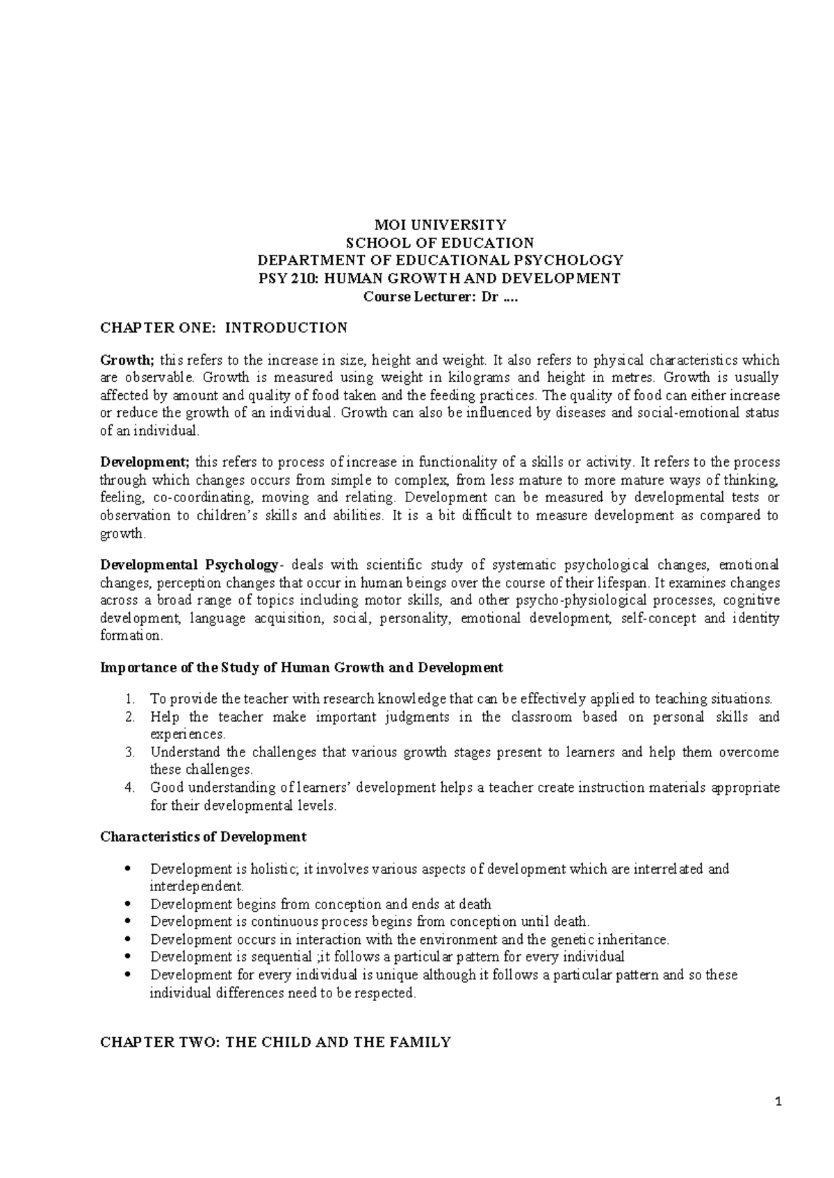 PSYCHOLOGY of human growth and development - MOI UNIVERSITY SCHOOL OF ...