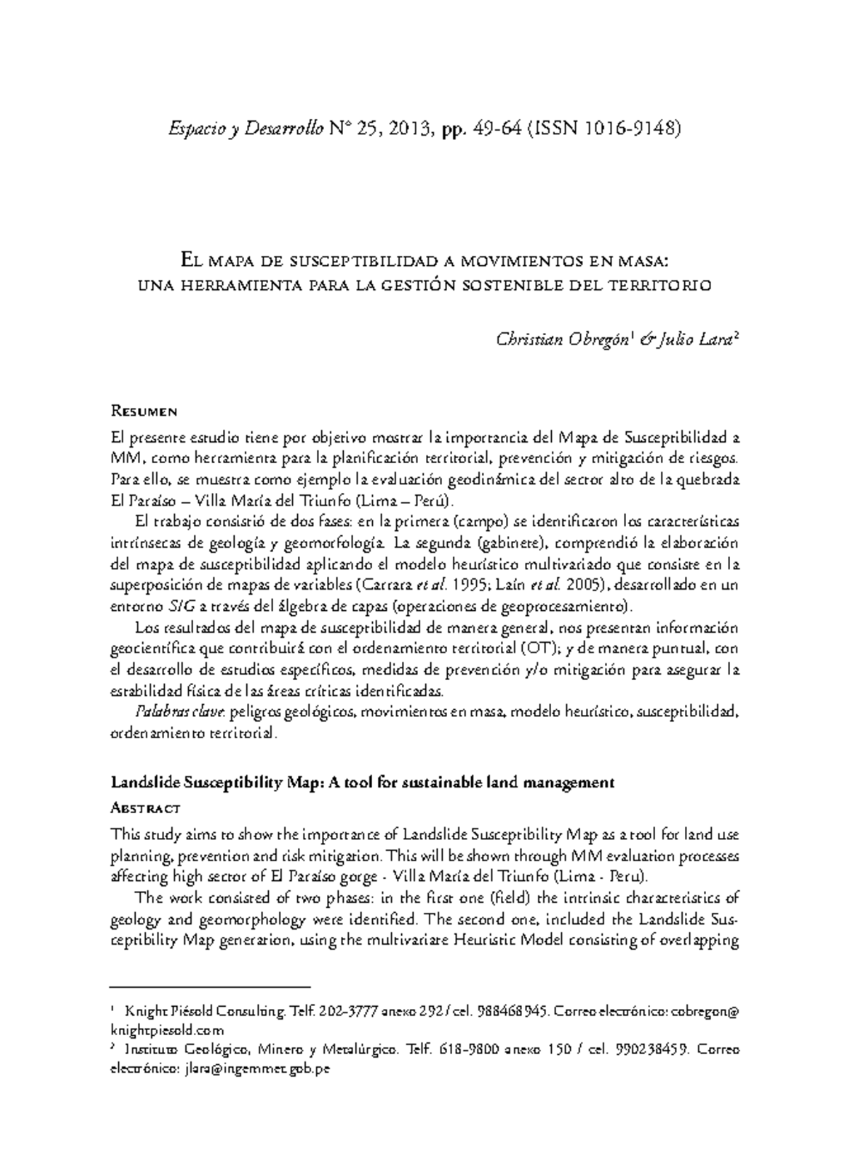 Mapa de Susceptibilidad a Movimientos en Masa: Estudio de Caso VMT ...