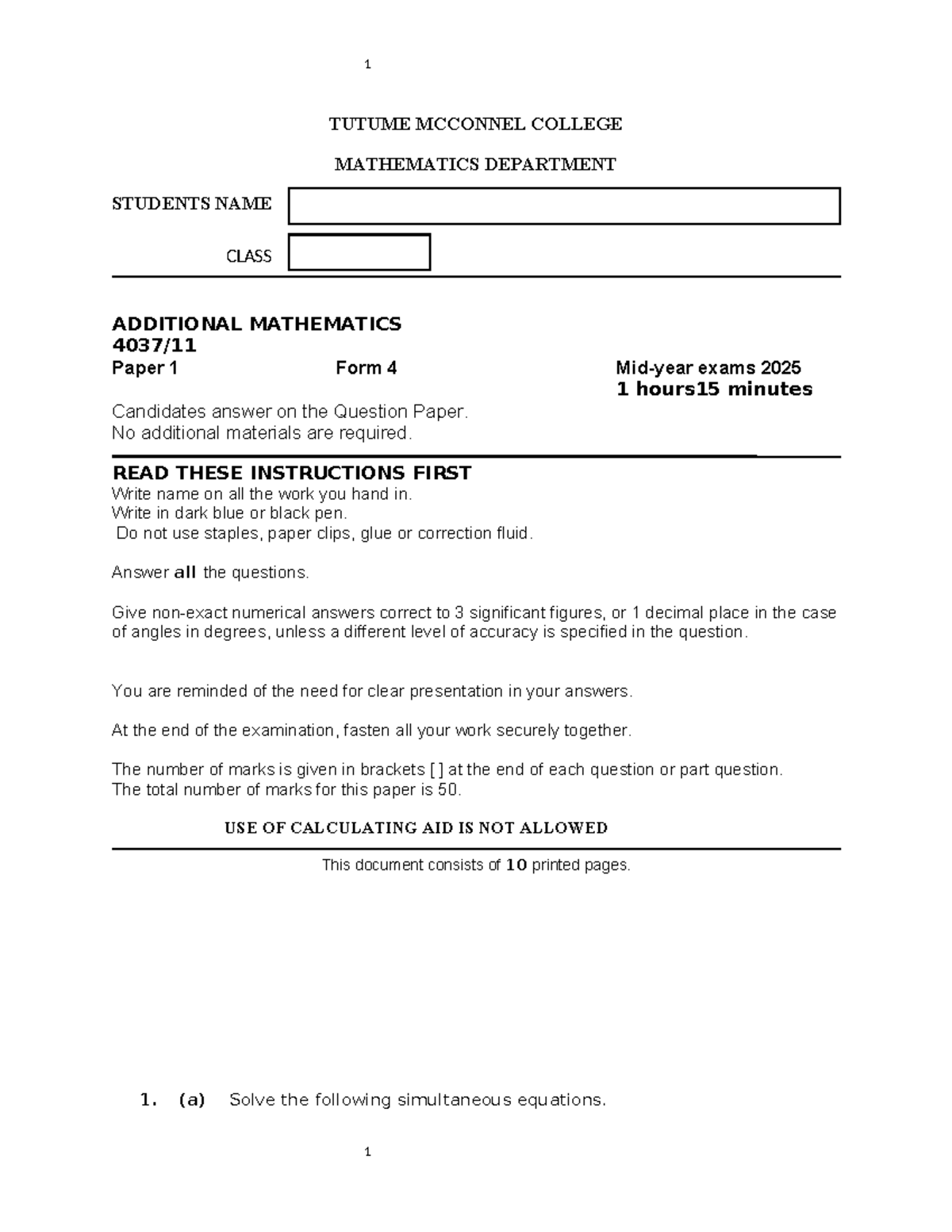 Additional Mathematics Exam Paper 1 - Form 4 (2025) - Studocu