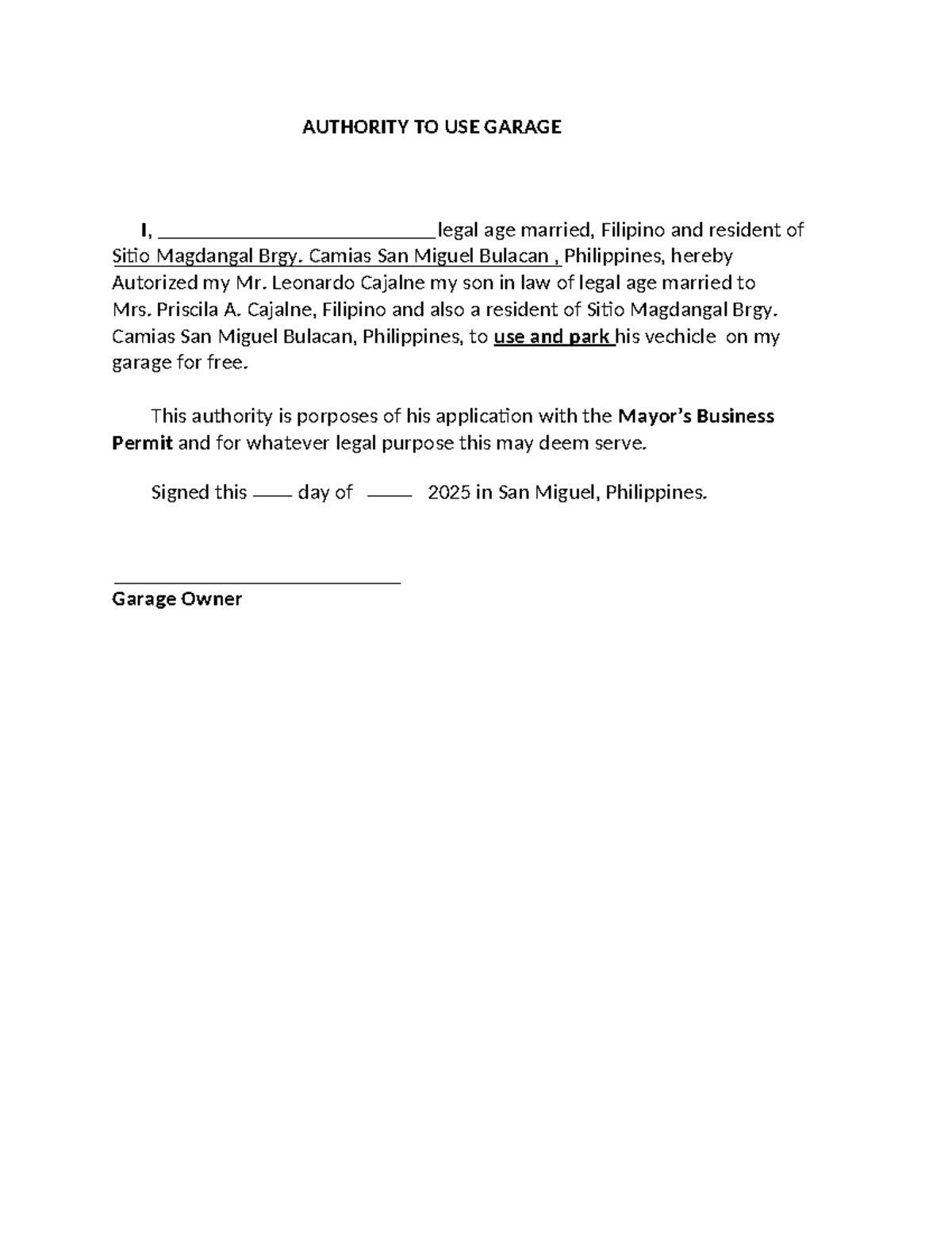 Authority TO USE Garage - AUTHORITY TO USE GARAGE I, legal age married ...