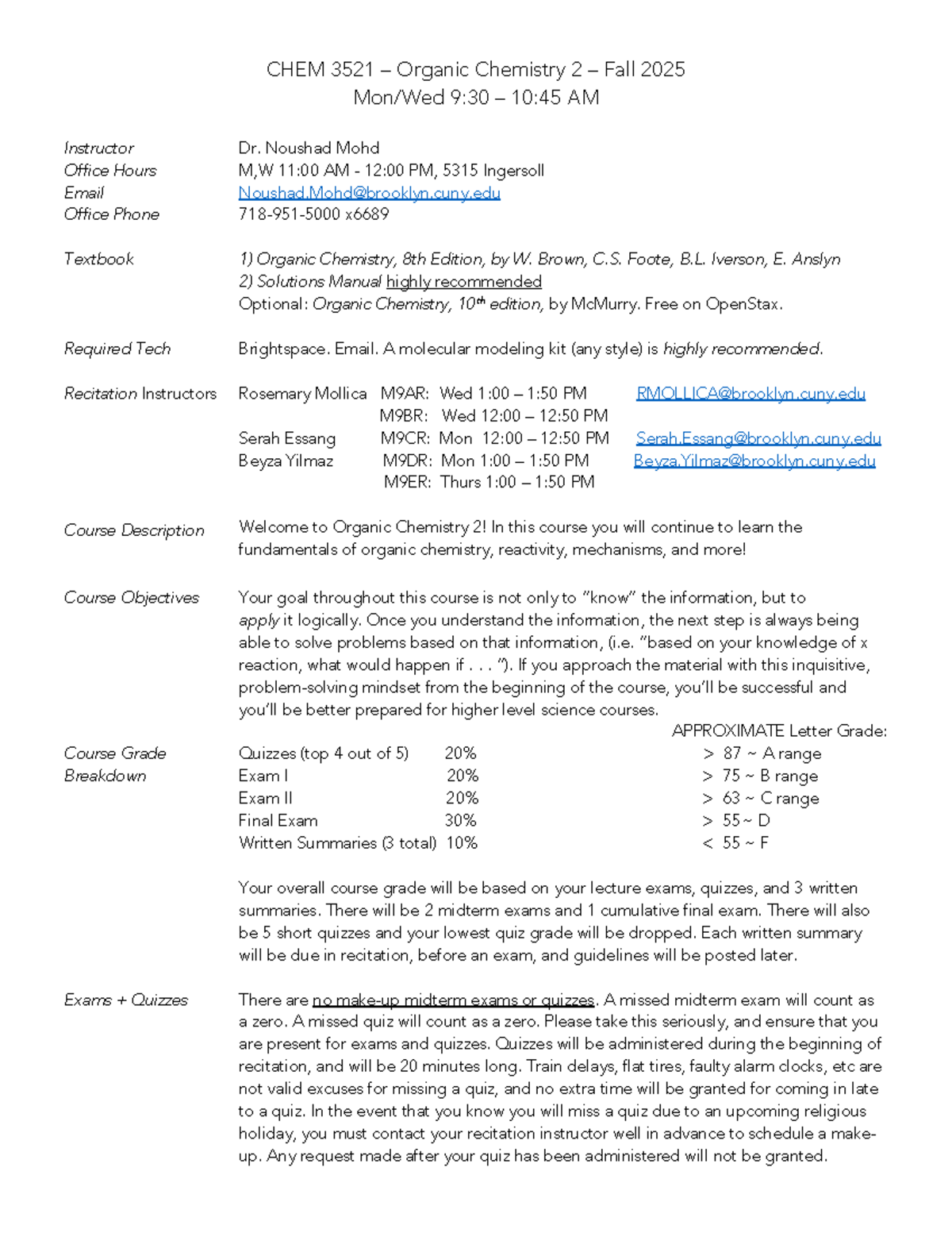 Fall 2025 CHEM 3521 Organic Chemistry 2 Course Syllabus - Studocu